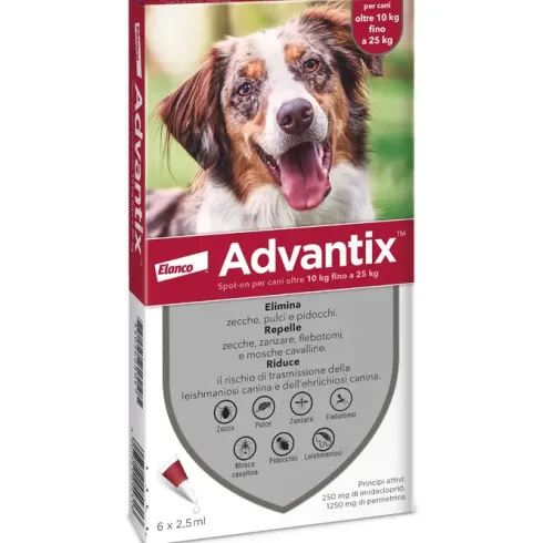 Advantix Spot On 2,5 ml 250 mg + 1.250 mg Per Cani da 10 a 25 kg Confezione da 6 Pipette
