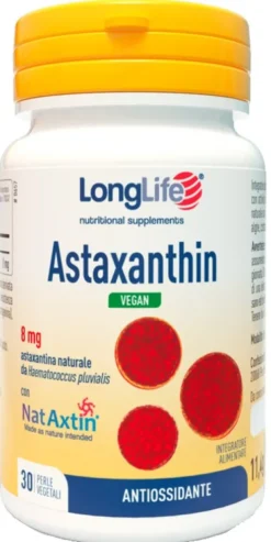 LongLife Astaxanthin Vegan 8 mg Integratore Antiossidante Pelle 30 Perle Vegetali