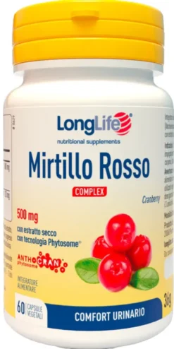 LongLife Mirtillo Rosso PACs Vie Urinarie Drenaggio Antiossidante 60 Capsule Vegane