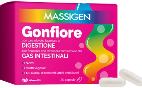 Massigen Gonfiore Integratore Digestione Enzimi Finocchio Carciofo 20 Capsule